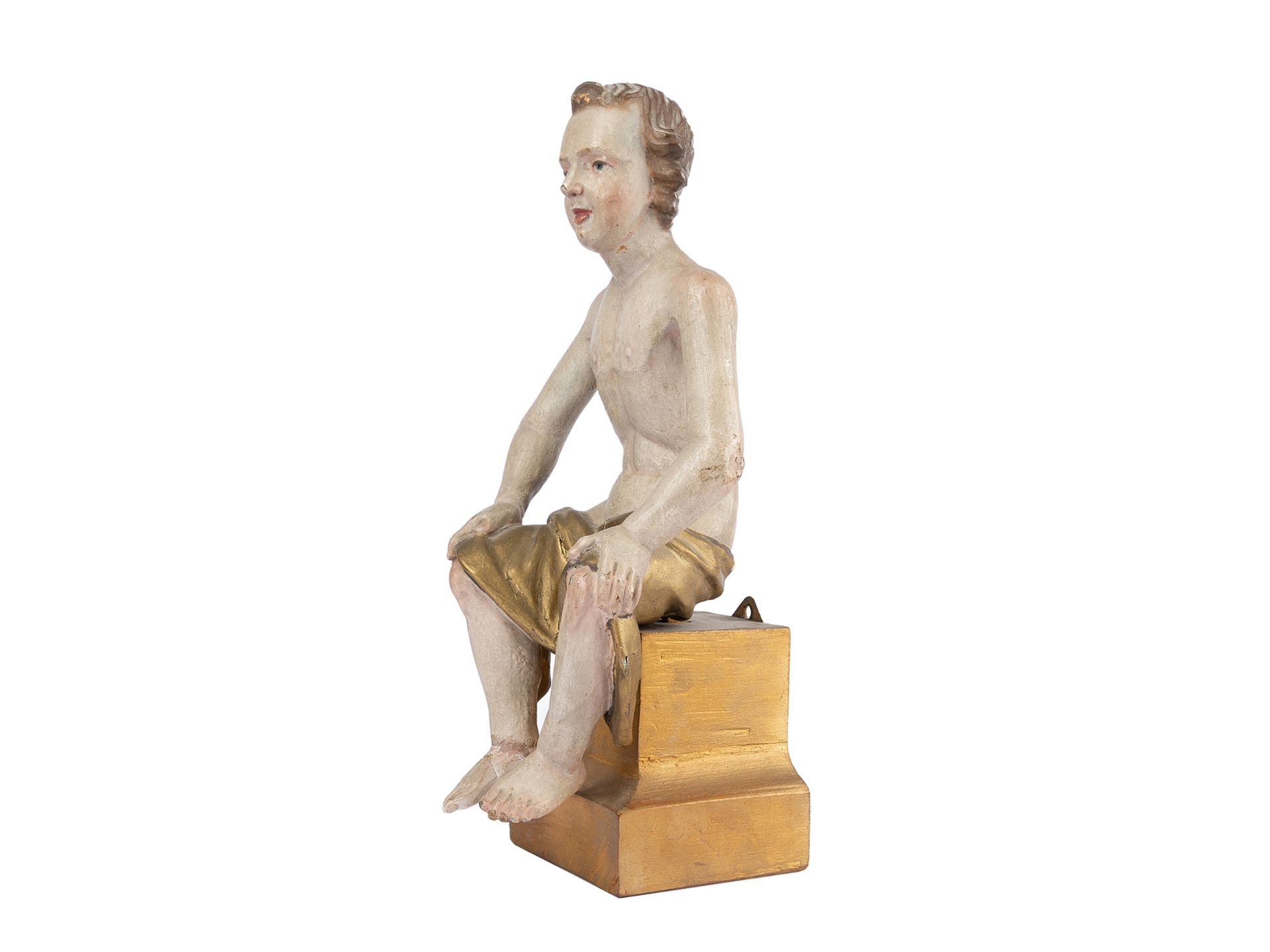 Sitzender Jüngling, 1. Hälfte 20. Jahrhundert, Holz geschnitzt & polchrom gefasst - Bild 2 aus 5