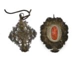 2 rosary pendants with coral carving & with cross