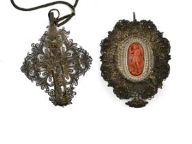 2 rosary pendants with coral carving & with cross