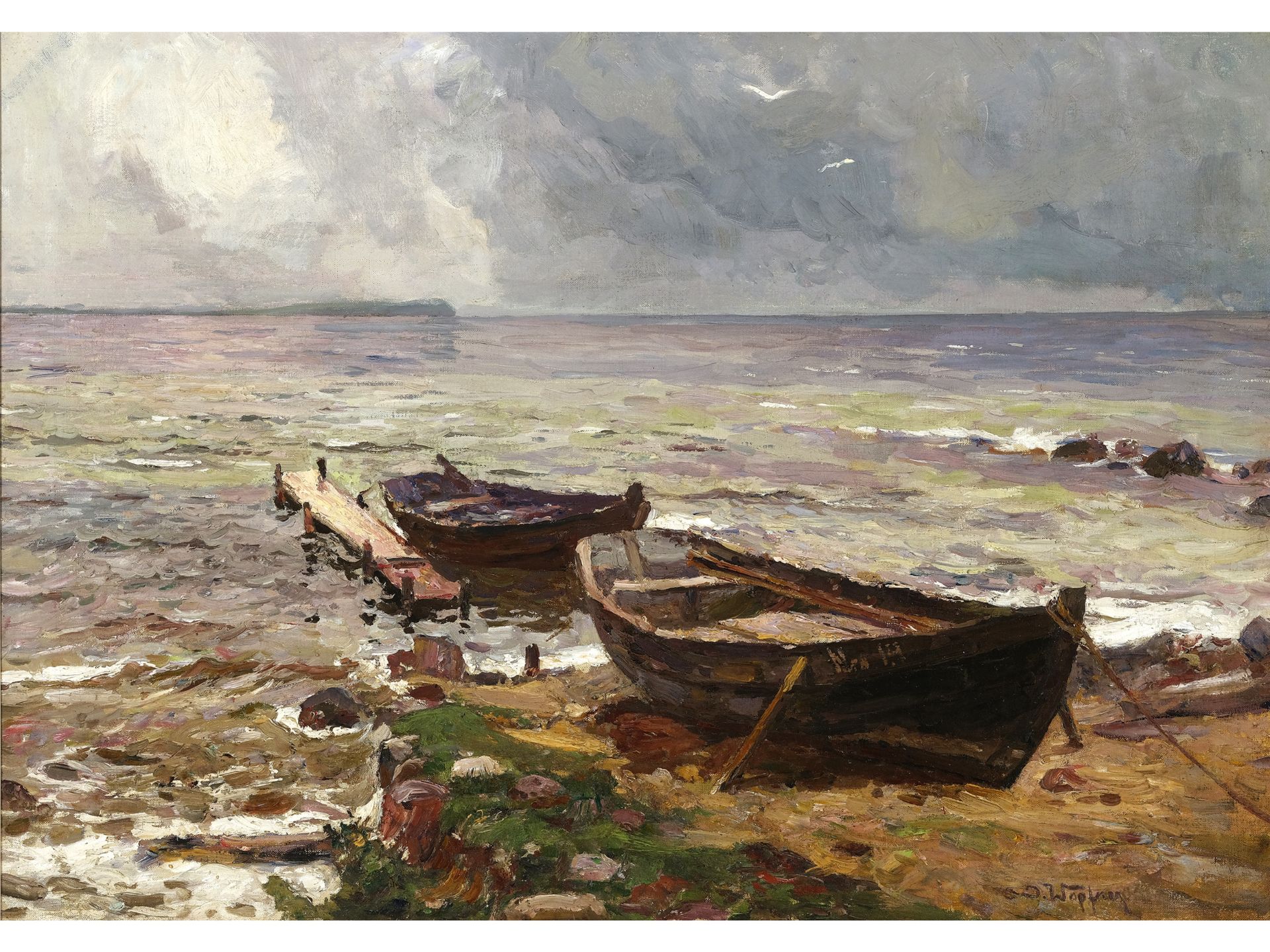 Josef Wopfner, Schwaz, Tirol 1843 - 1927 München, zugeschrieben, Boote am Ufer