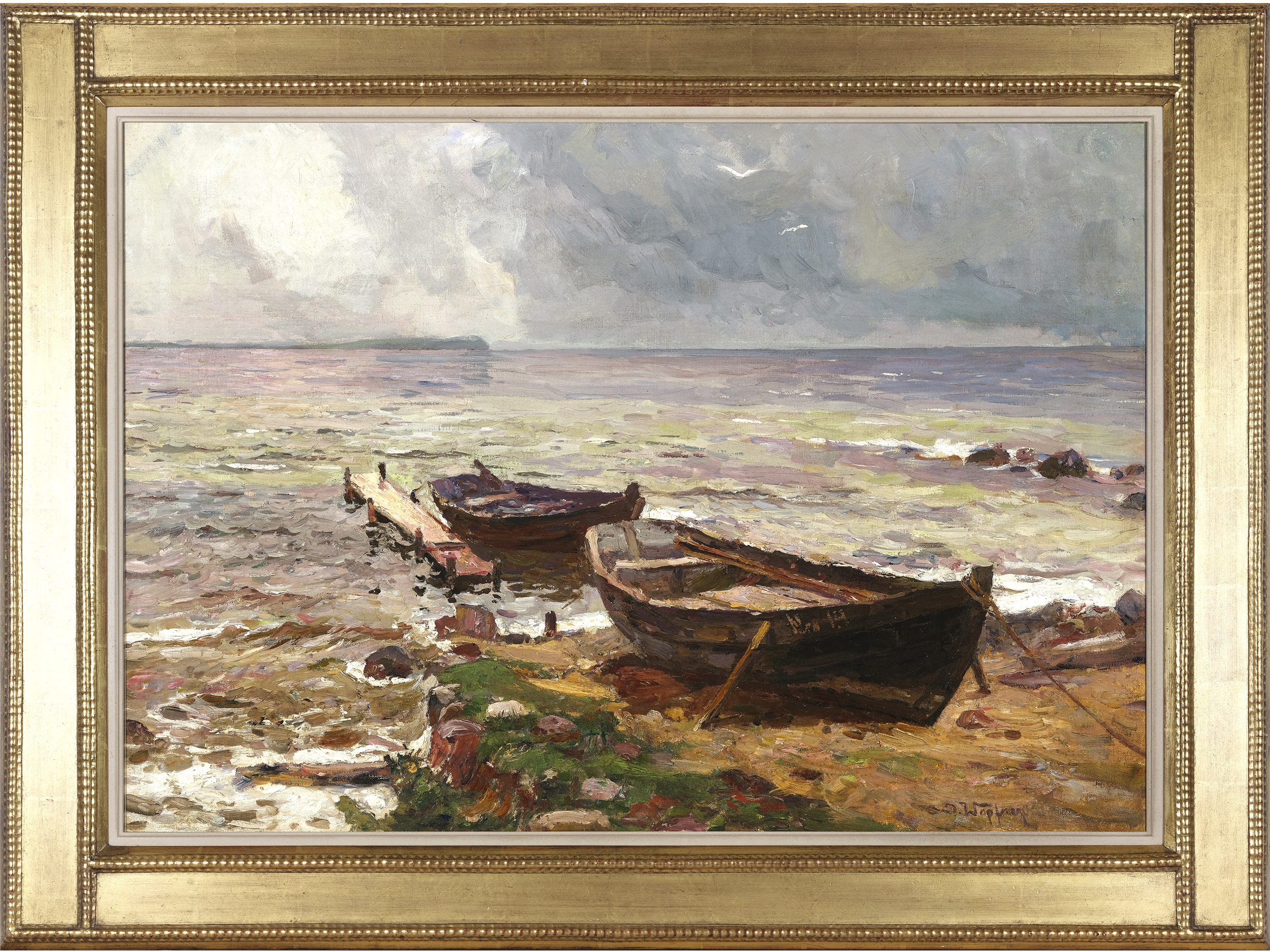 Josef Wopfner, Schwaz, Tyrol 1843 - 1927 Munich, attributed, Boats on the shore - Image 2 of 4