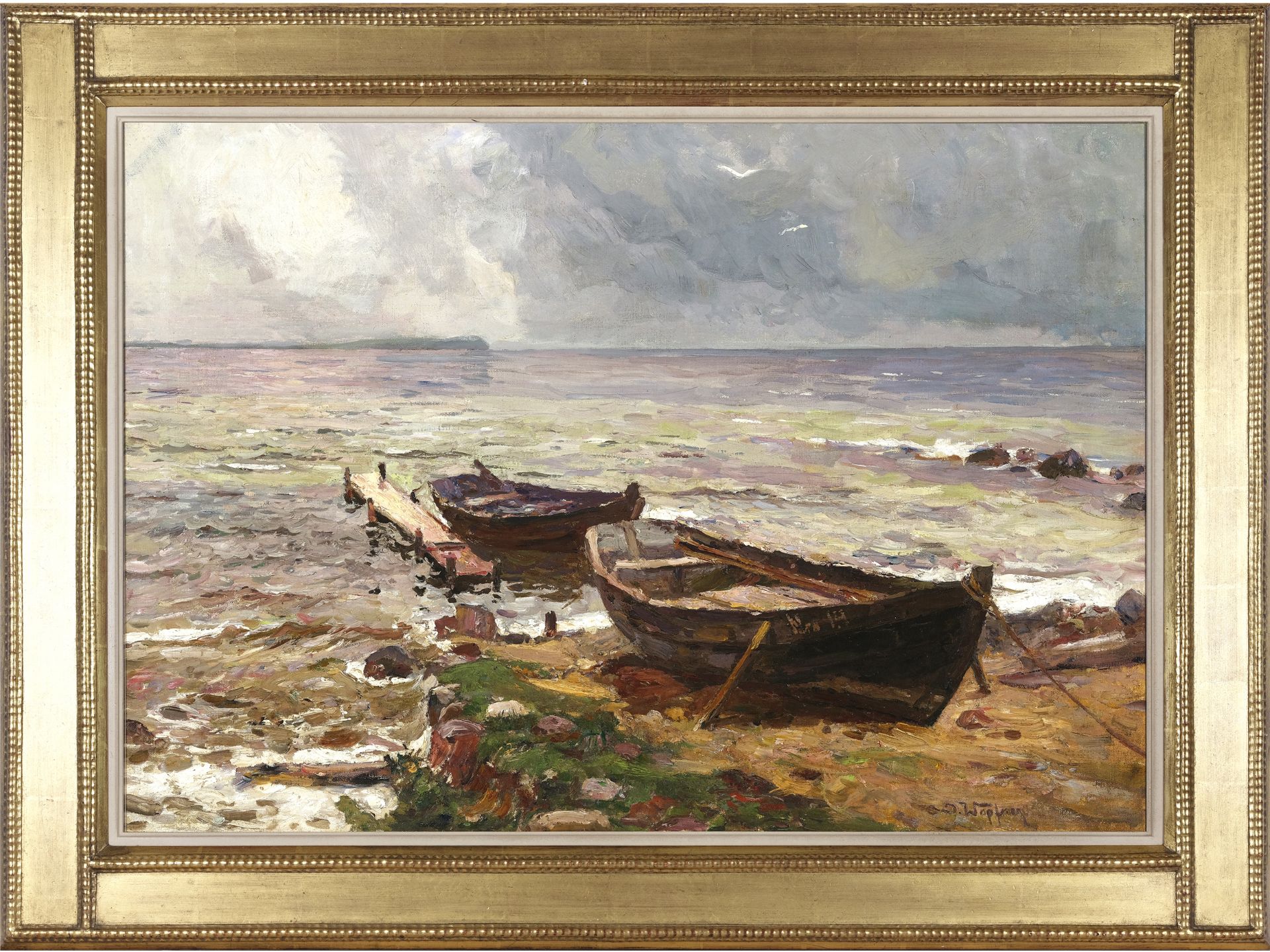 Josef Wopfner, Schwaz, Tyrol 1843 - 1927 Munich, attributed, Boats on the shore - Image 2 of 4