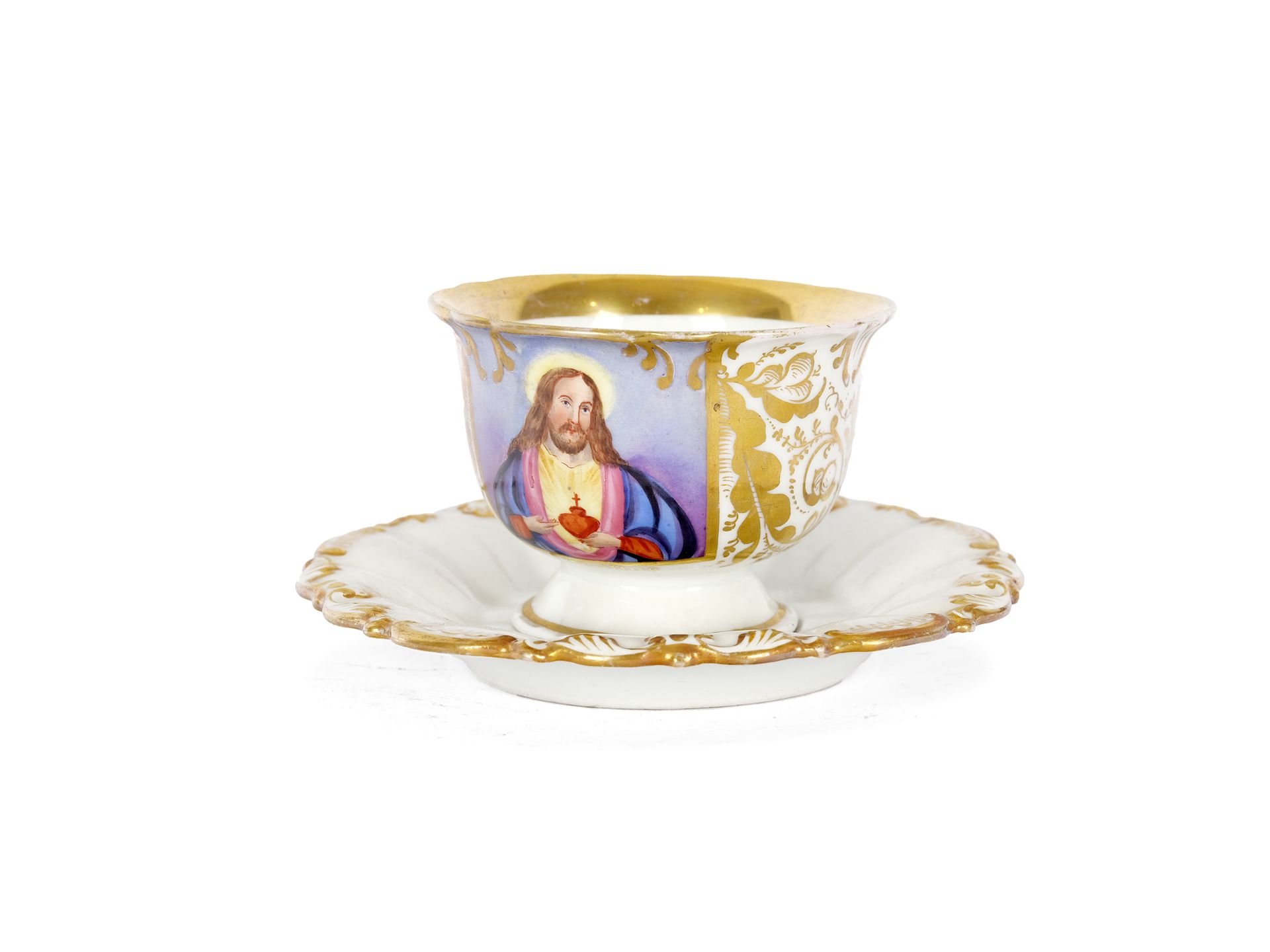 Coffee cup with saucer, with the heart of Jesus, Biedermeier, mid 19th century - Image 3 of 4