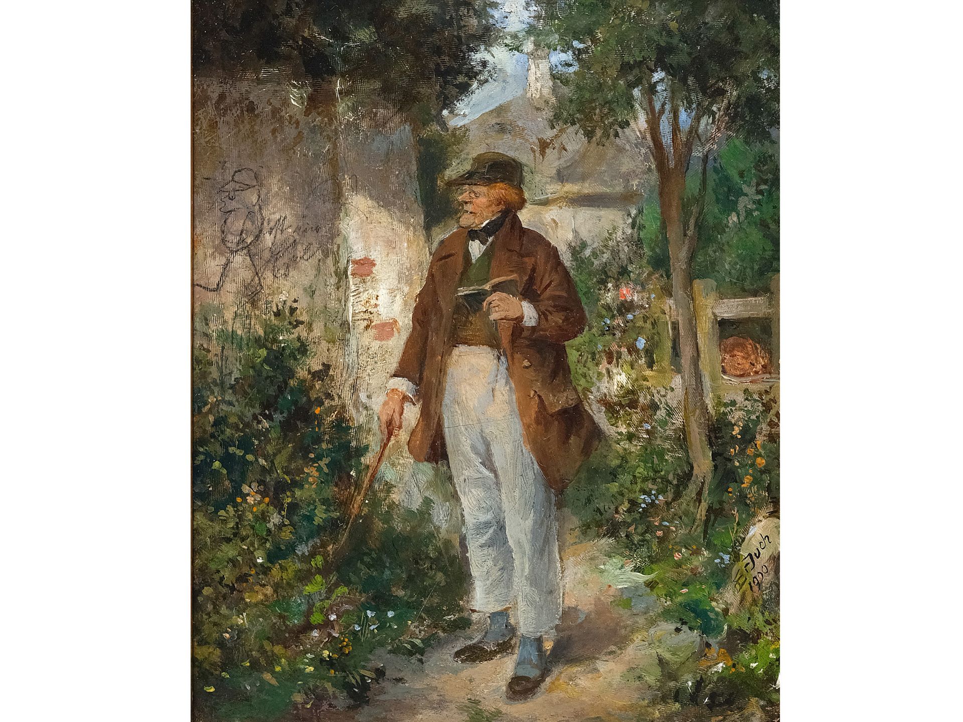 Ernst Juch, Gotha 1838 - 1909 Wien, Alter Professor in der Wachau betrachtet seine Karikatur an der 