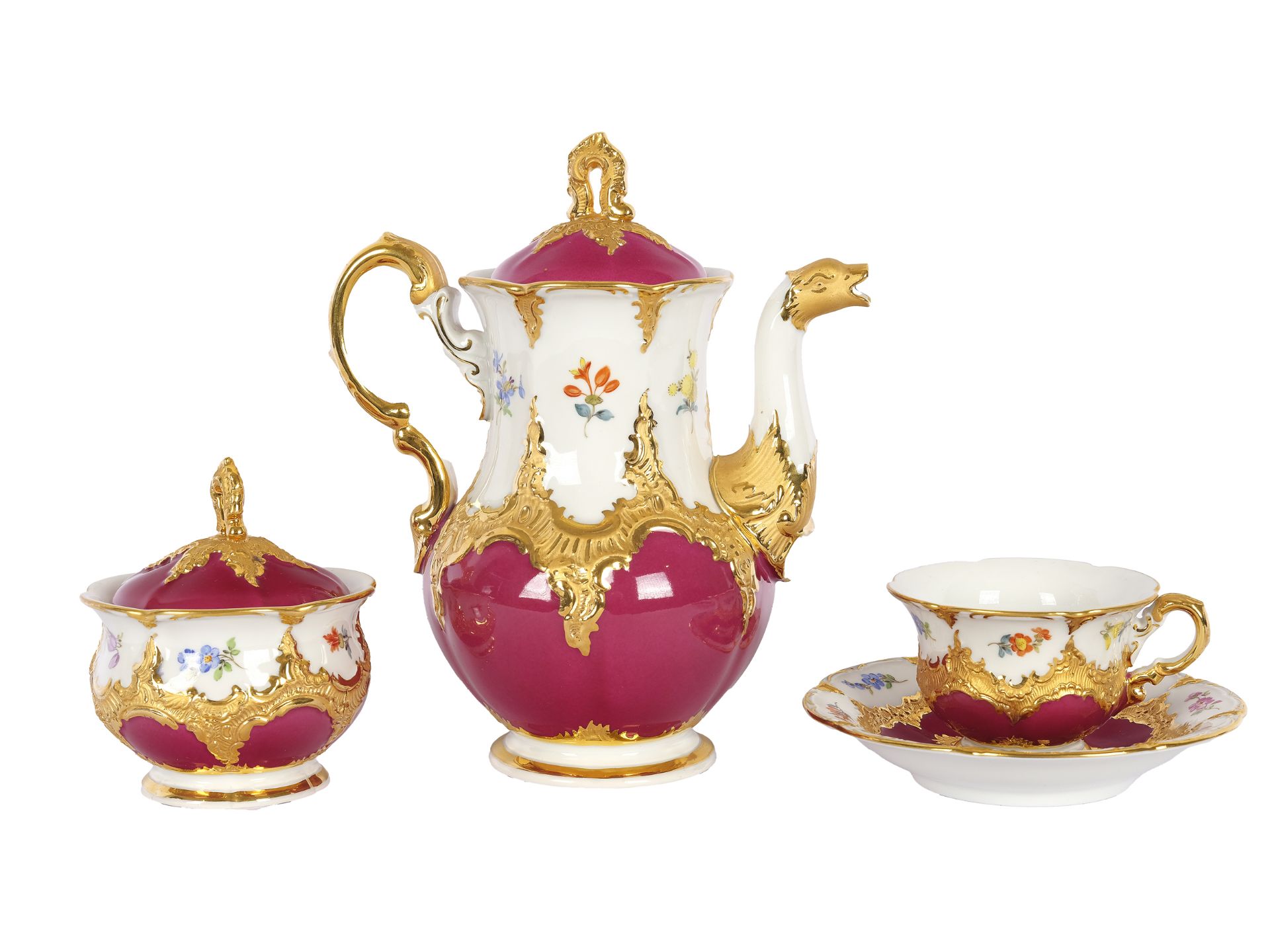 Mocha set for 4 persons, 15-piece, Meissen, B-shape decor, purple with scattered flowers - Image 4 of 6