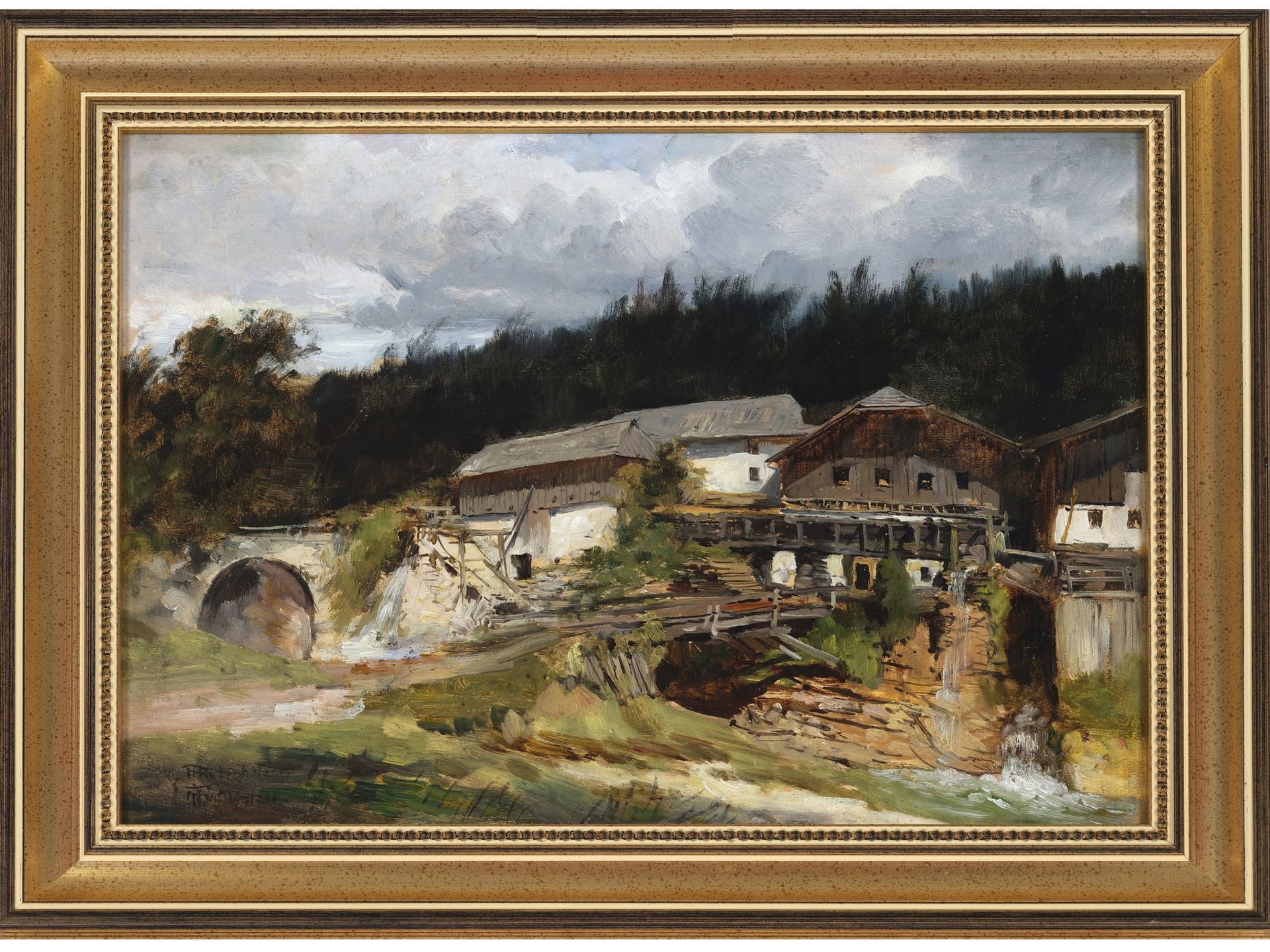 Unknown painter, Devil's mill with Roman bridge near Vigauen - Image 2 of 4
