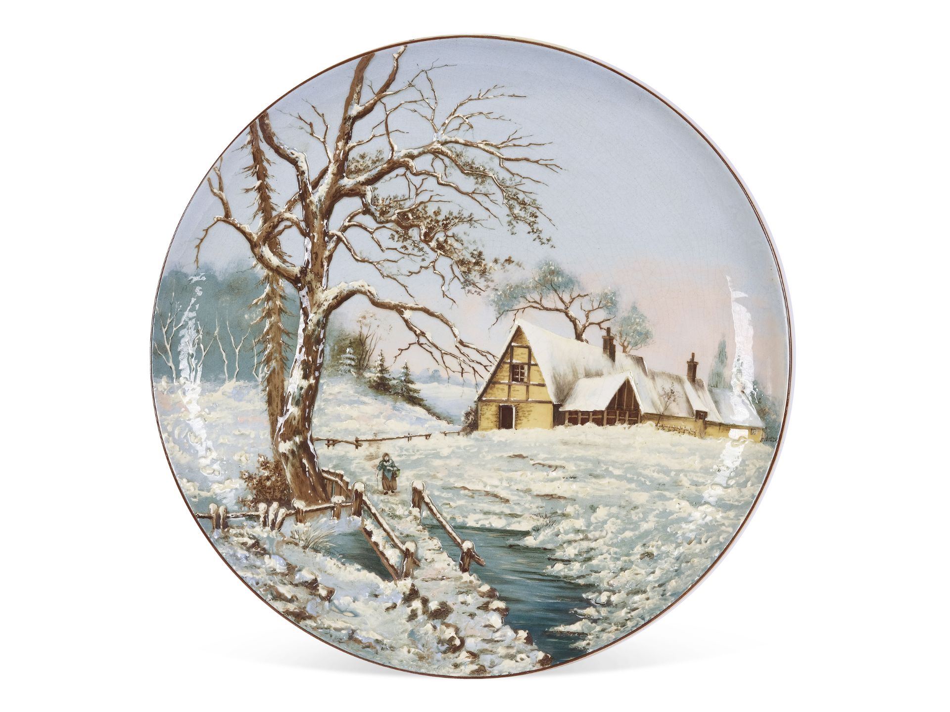Large plate, relief depiction of a winter landscape
