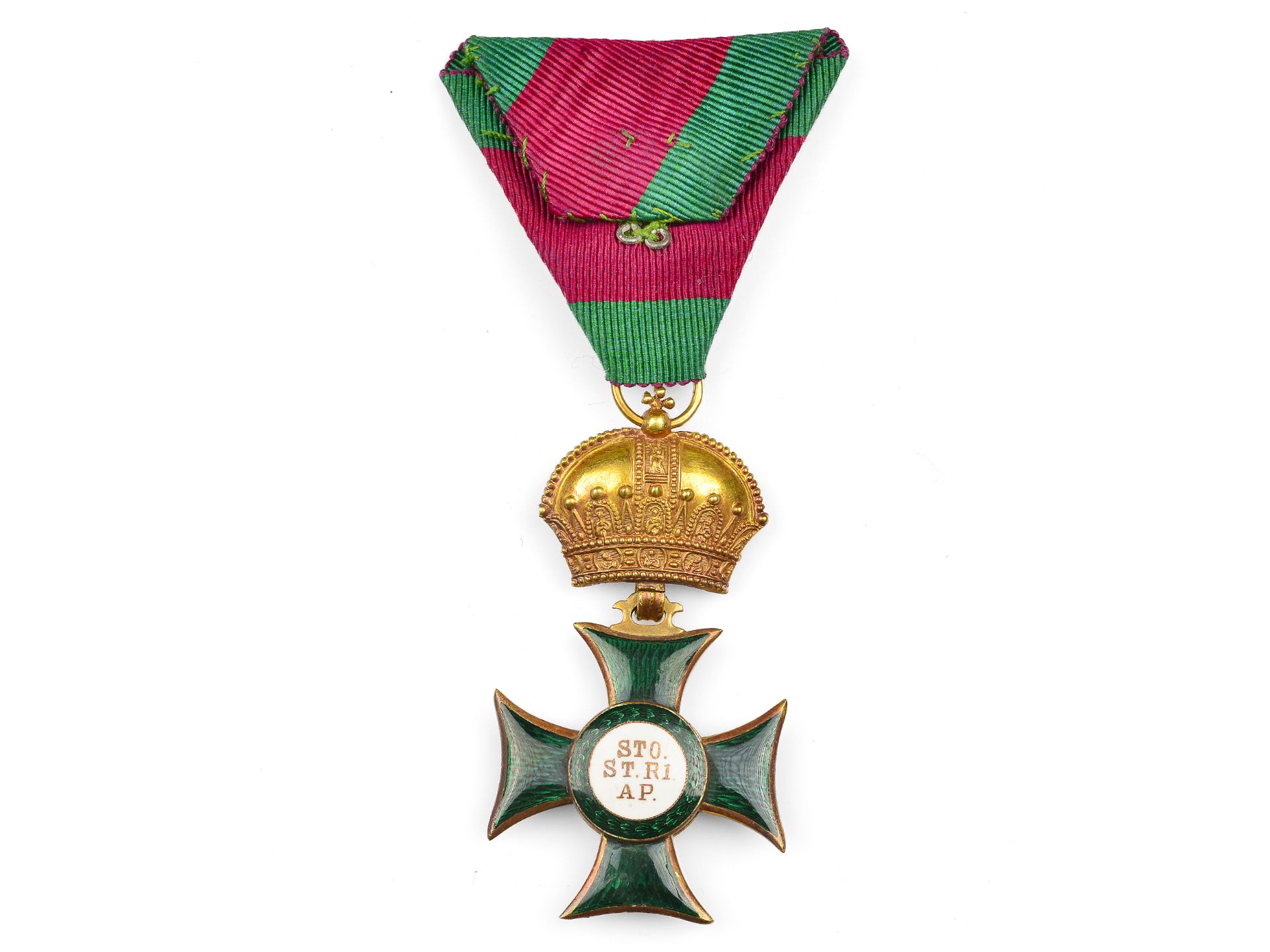 Royal Hungarian Order of St Stephen, founded in 1764, Knight's Cross with triangular ribbon, C. F. R - Image 2 of 2