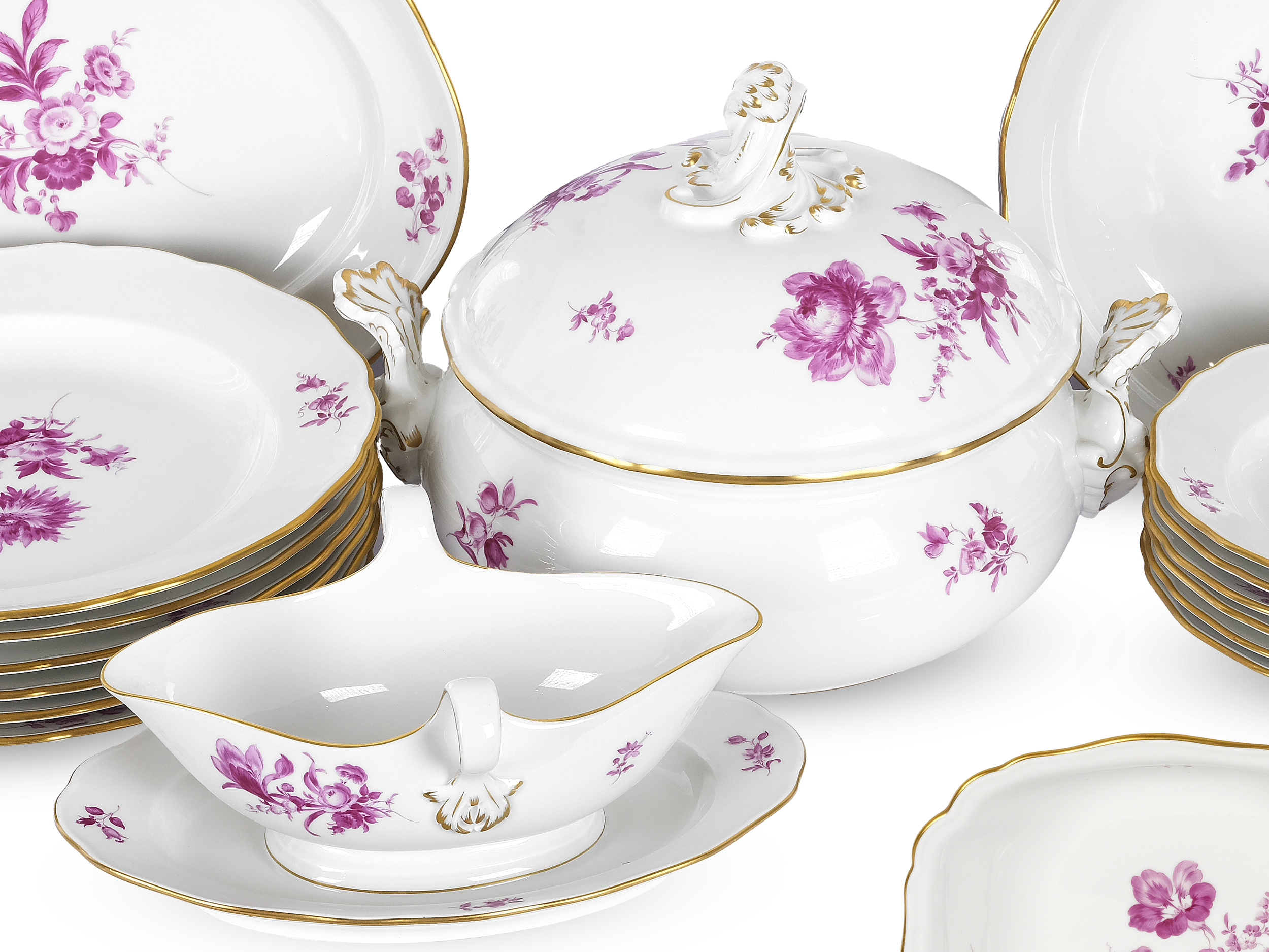Dinner service for 6 persons, 24-piece, Violet foral decor, Meissen - Image 2 of 7