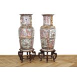 Pair of vases with wooden base, China