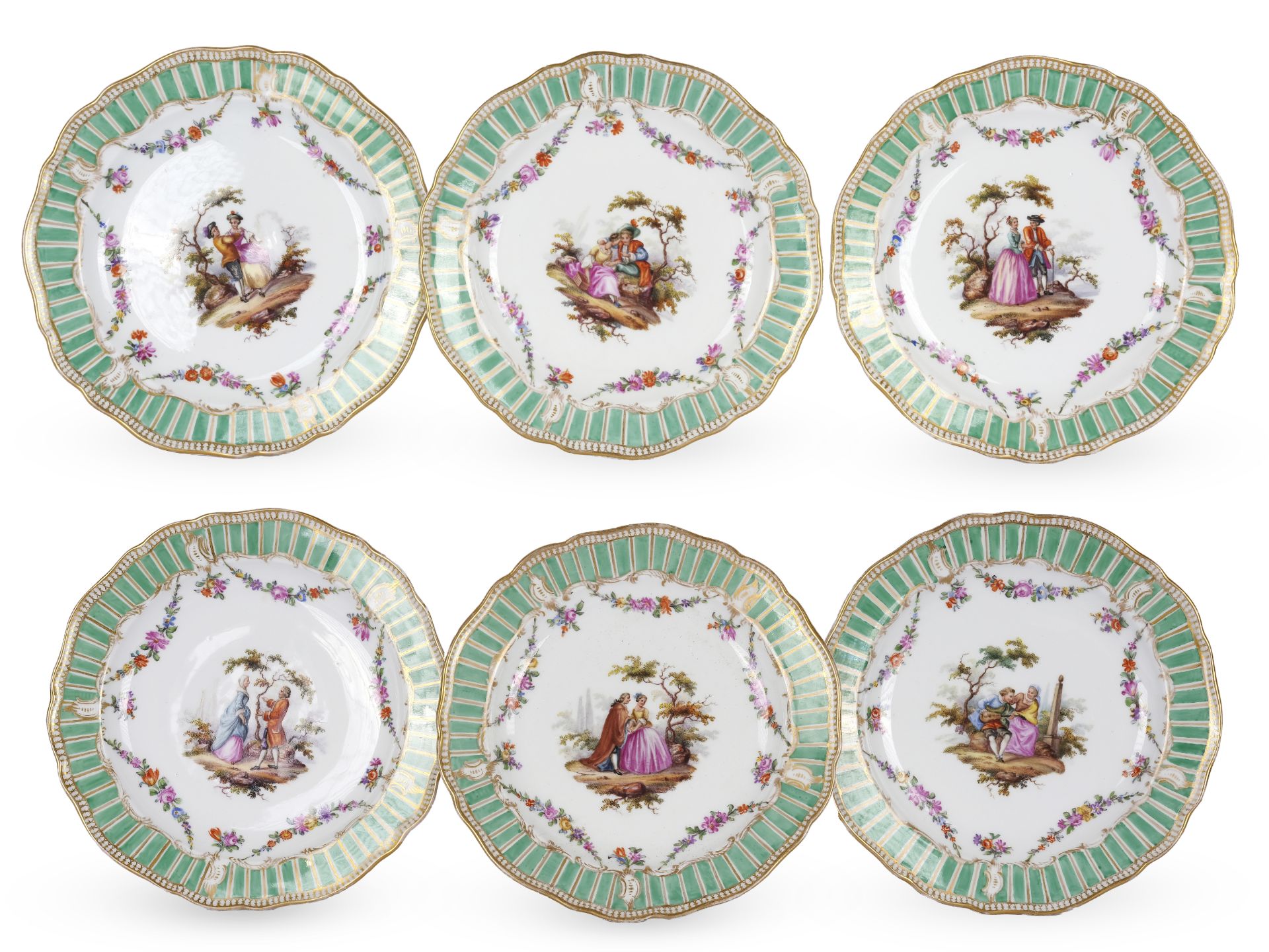 6 plates, gallant scenes, Meissen