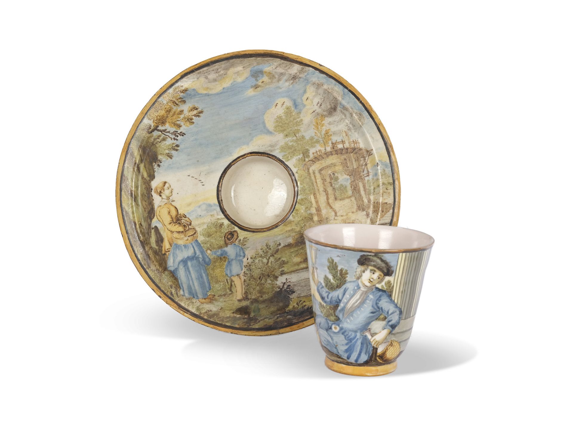 Tasse mit Untertasse, Castelli?, Bemalung in der Art der Familie Grue, Italien, 18. Jahrhundert