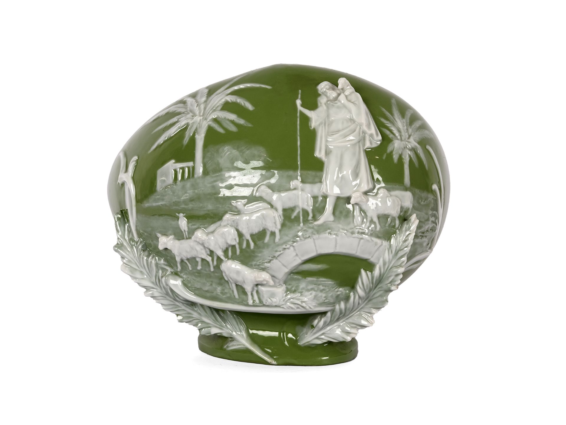 Egg-shaped vase with heart-shaped recess, depicting the Good Shepherd, in the style of Wedgwood