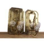 2 sconces, three-armed with cut glass globes, around 1910/20