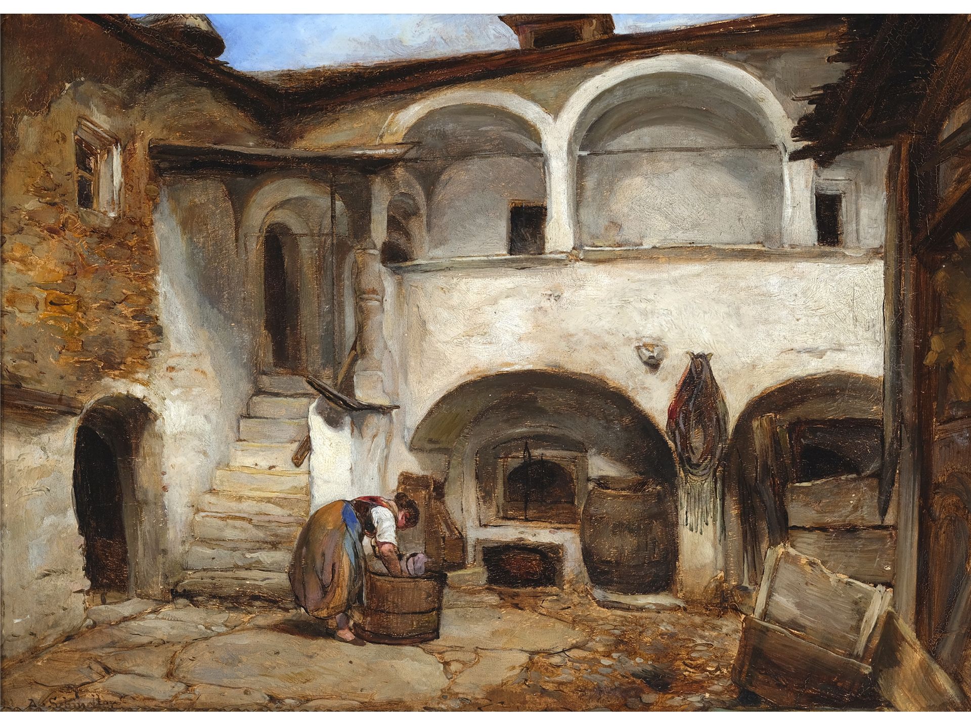 Albert Schindler, Engelsberg 1805 - 1861 Wien, zugeschrieben, Innenhof in der Wachau