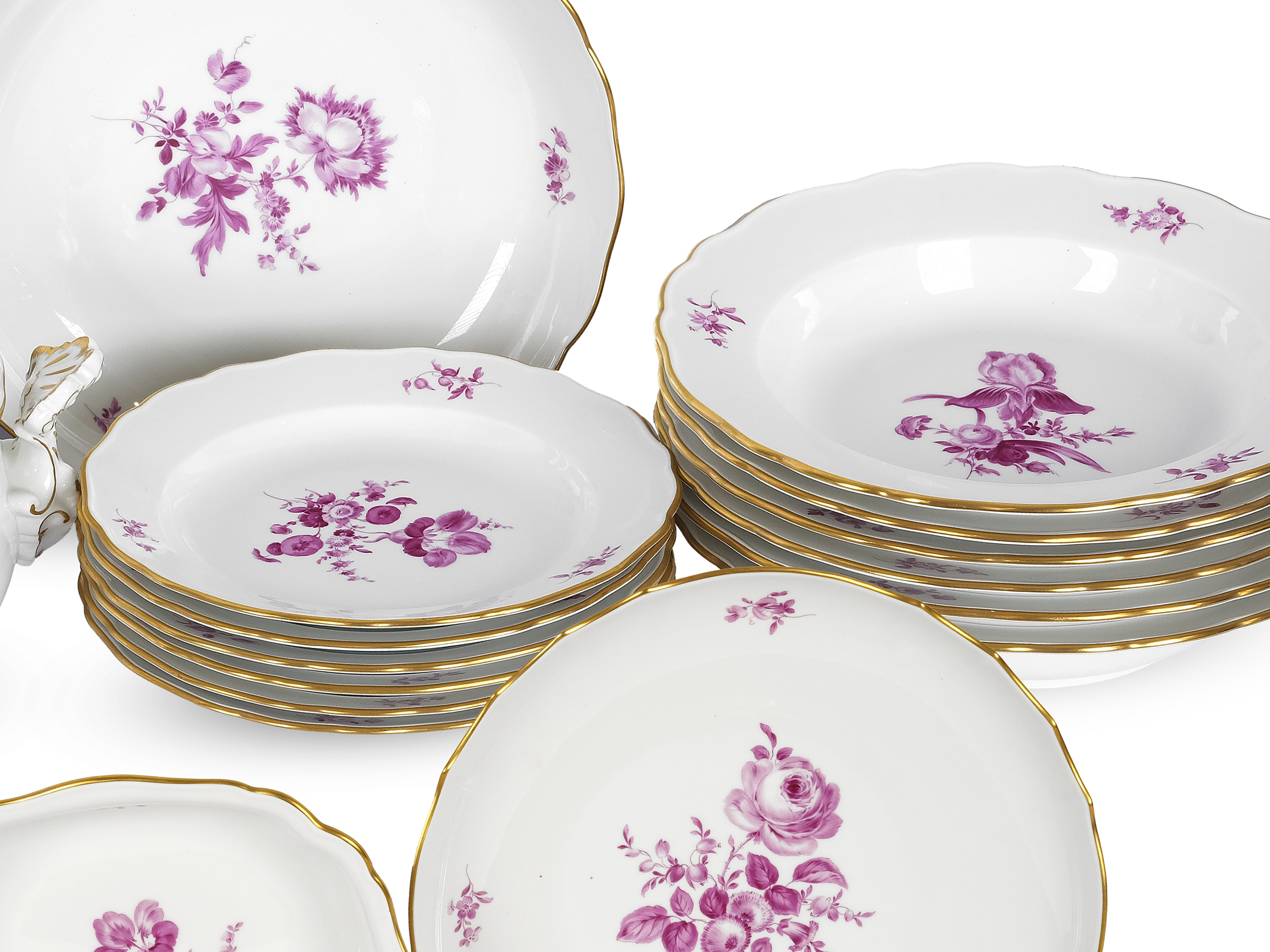 Dinner service for 6 persons, 24-piece, Violet foral decor, Meissen - Image 4 of 7