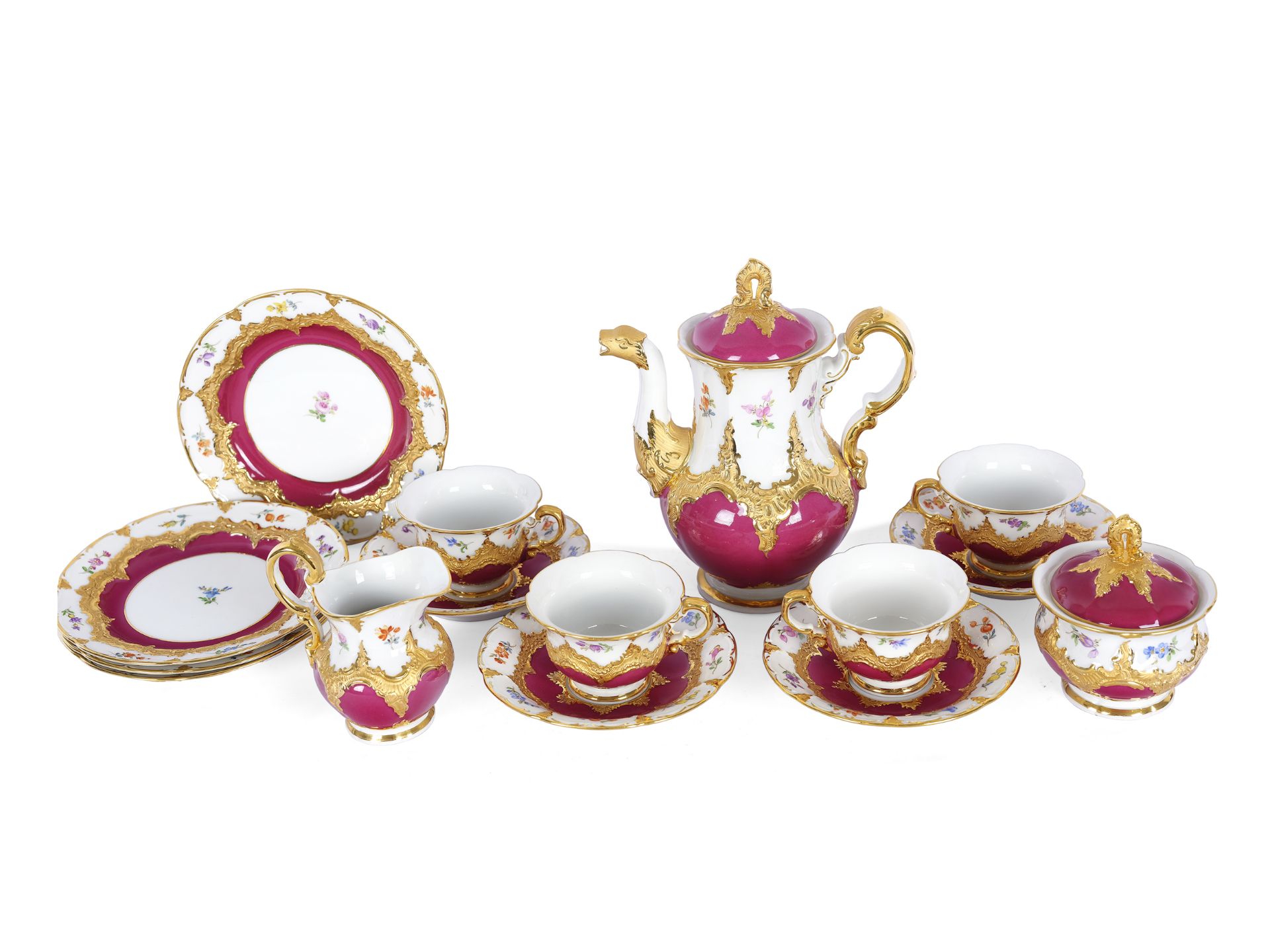 Mocha set for 4 persons, 15-piece, Meissen, B-shape decor, purple with scattered flowers - Image 3 of 6