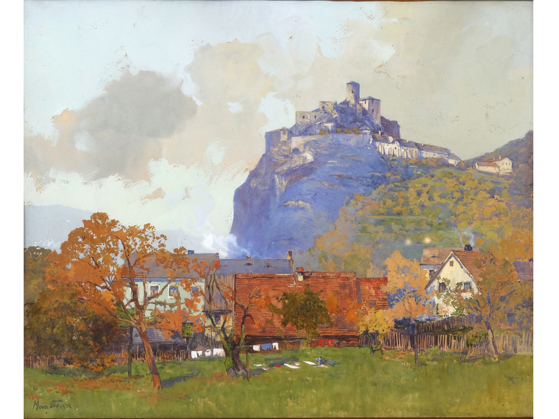 Otto Elsner, Wien 1893 - 1956 Mödling, Dorfszene mit Burg 