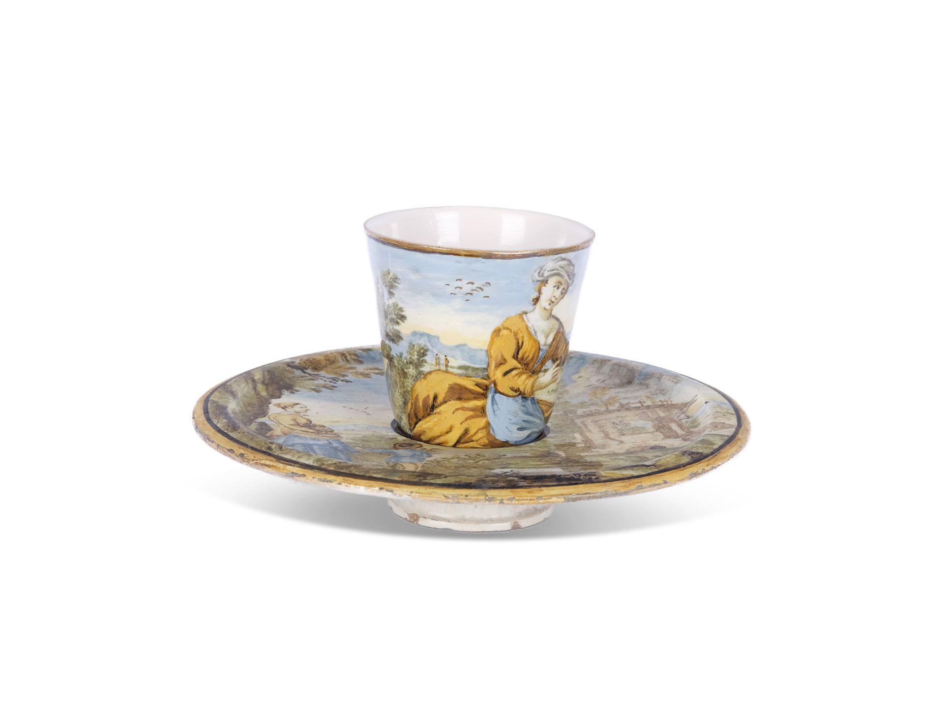 Cup and saucer, Castelli?, painted in the style of the Grue family, Italy, 18th century - Image 2 of 3