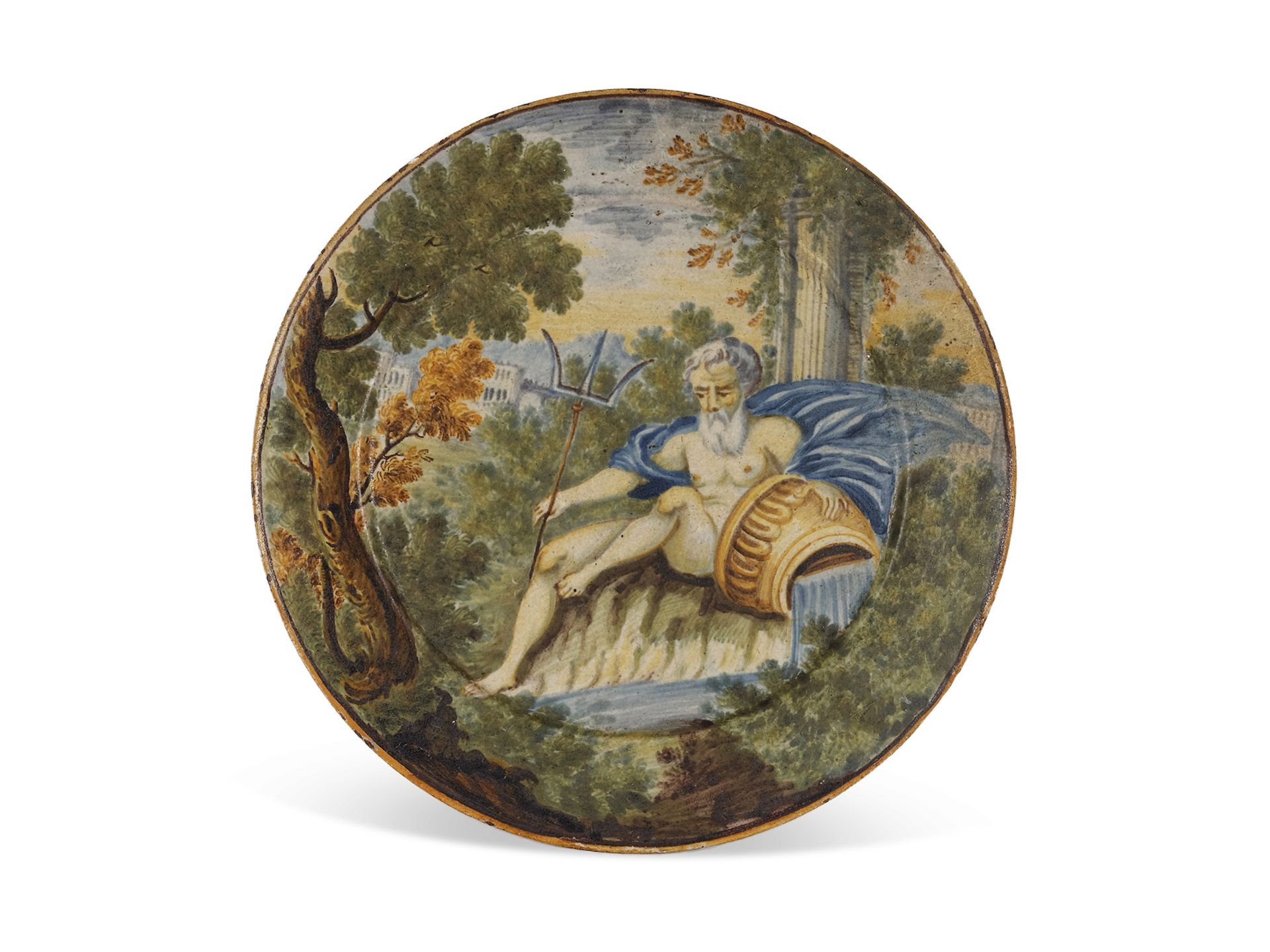 Plate with Neptune, Castelli?, painted in the style of the Grue family, Italy, 18th century