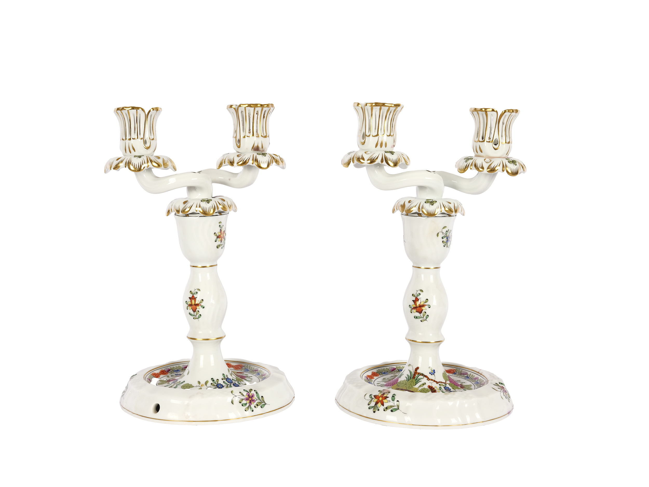 Pair of candlesticks with two-light attachment, Herend, Fleurs des Indes/Indian Basket Multicolour