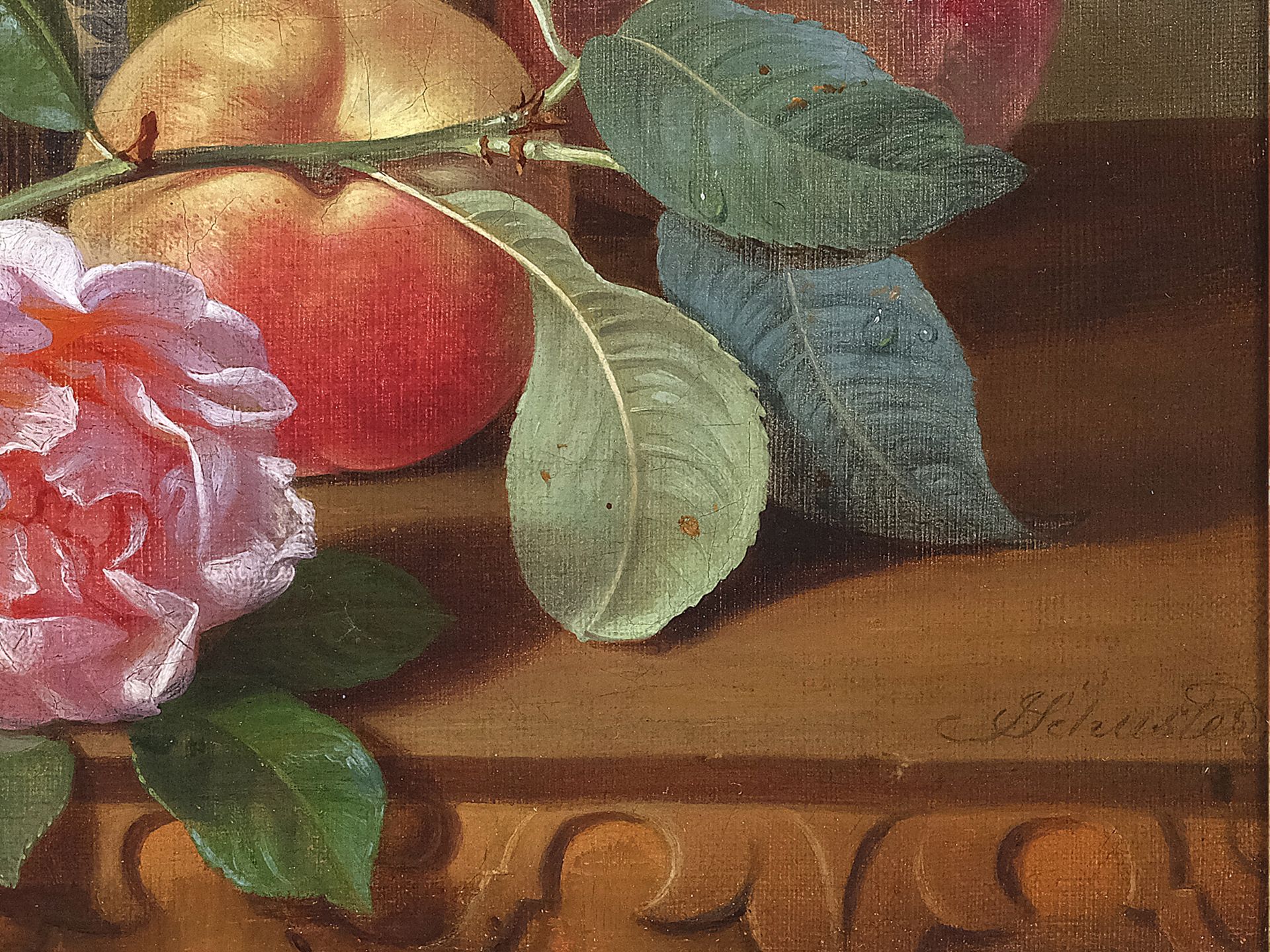 Josef Schuster, Grätz 1812 - 1890 Wien, Stillleben mit Rose und Pfirsichen - Bild 3 aus 4