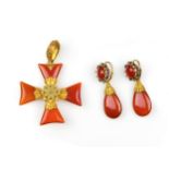 Jewellery set: earrings & pendant in the shape of a cross, Biedermeier, around 1840/50