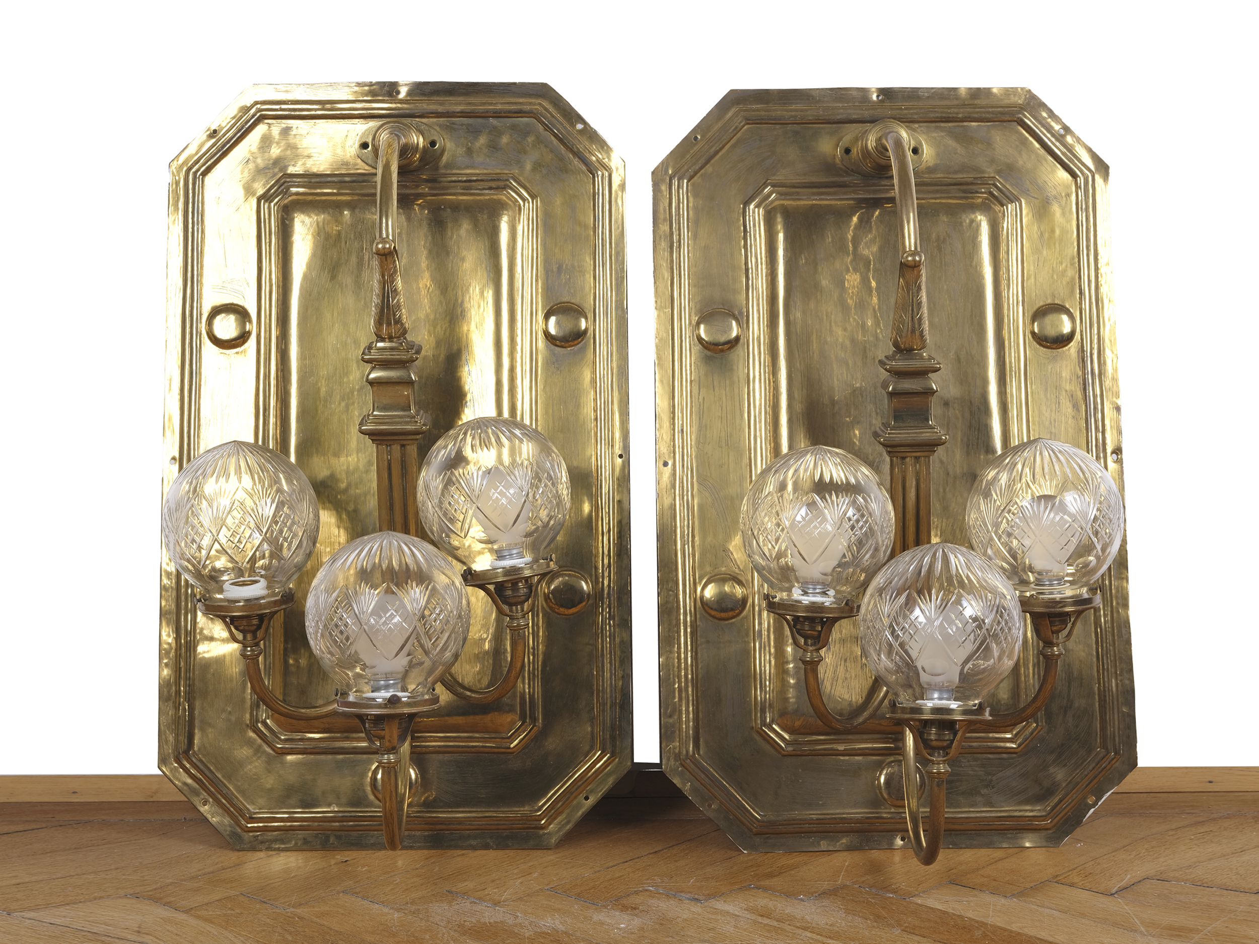 2 sconces, three-armed with cut glass globes, around 1910/20 - Image 3 of 3