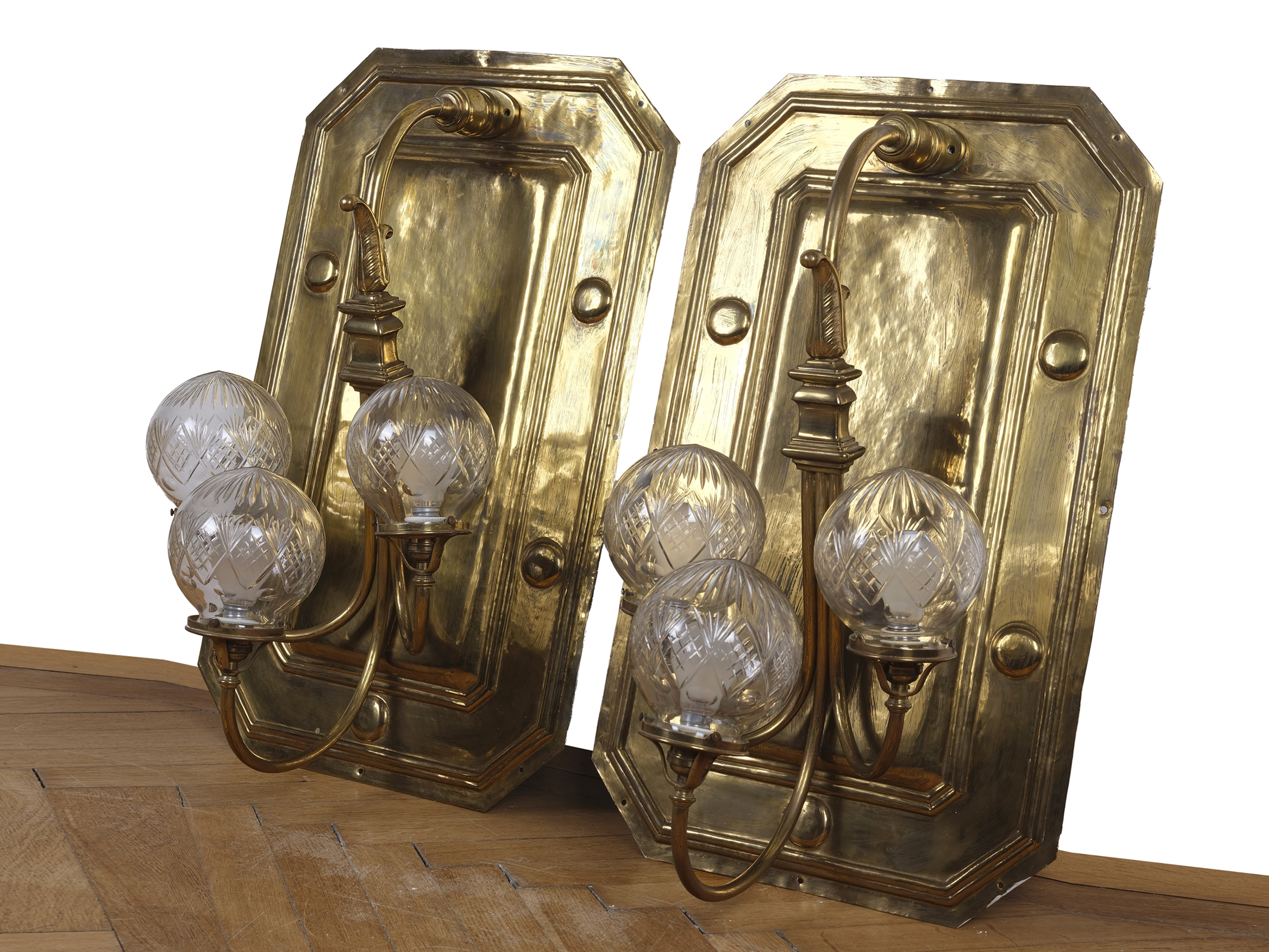 2 sconces, three-armed with cut glass globes, around 1910/20 - Image 2 of 3