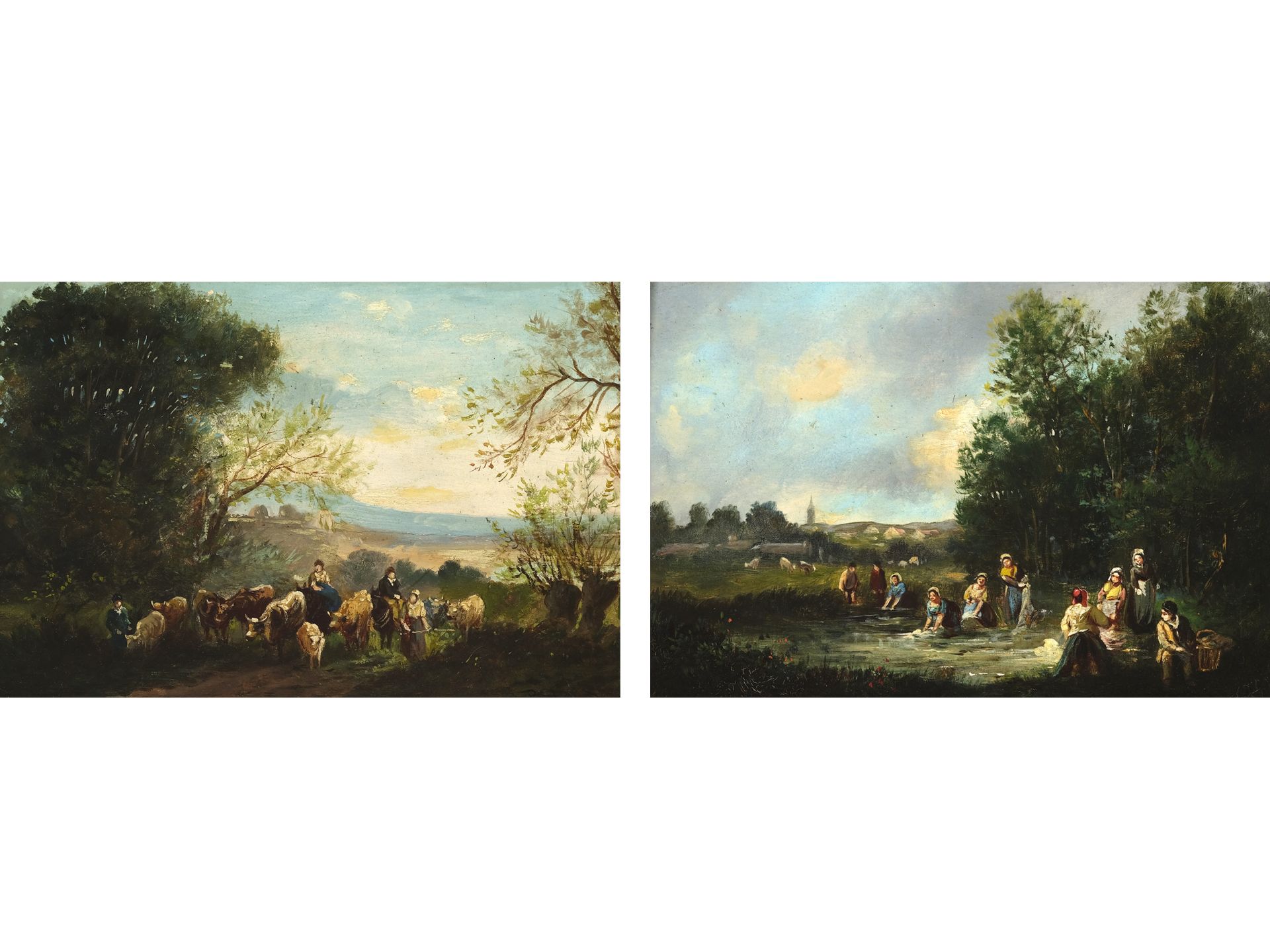 Charles August Roland, Metz 1797 - 1859 Remilly, zugeschrieben, Paar Gemälde: Wäscherinnen am Weiher