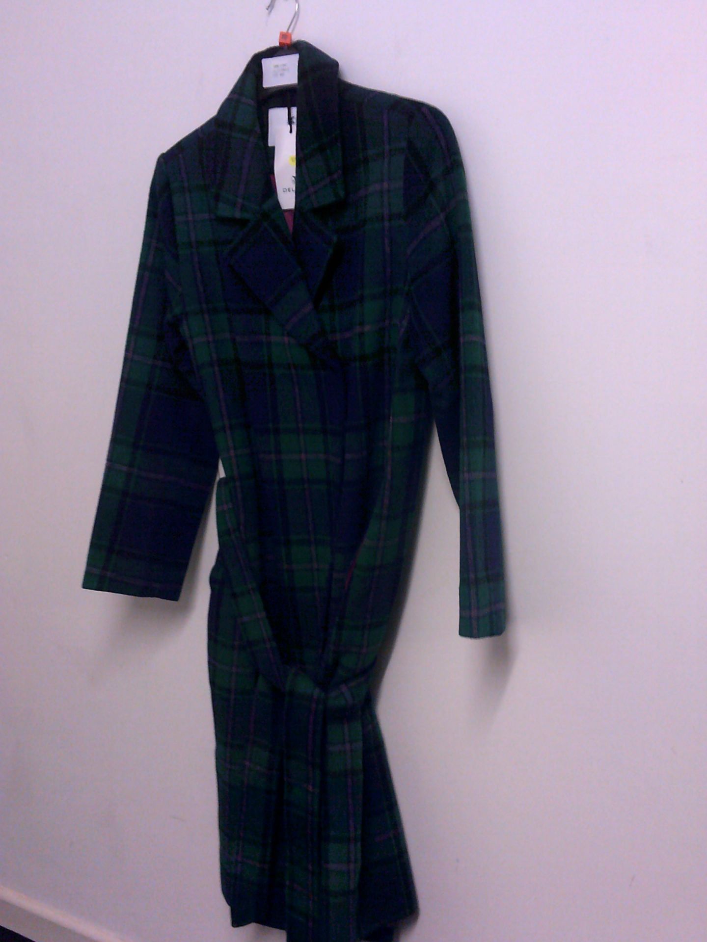 DELMAO GREEN TARTAN LONG LENGTH LINED COAT WITH BELT SIZE 10