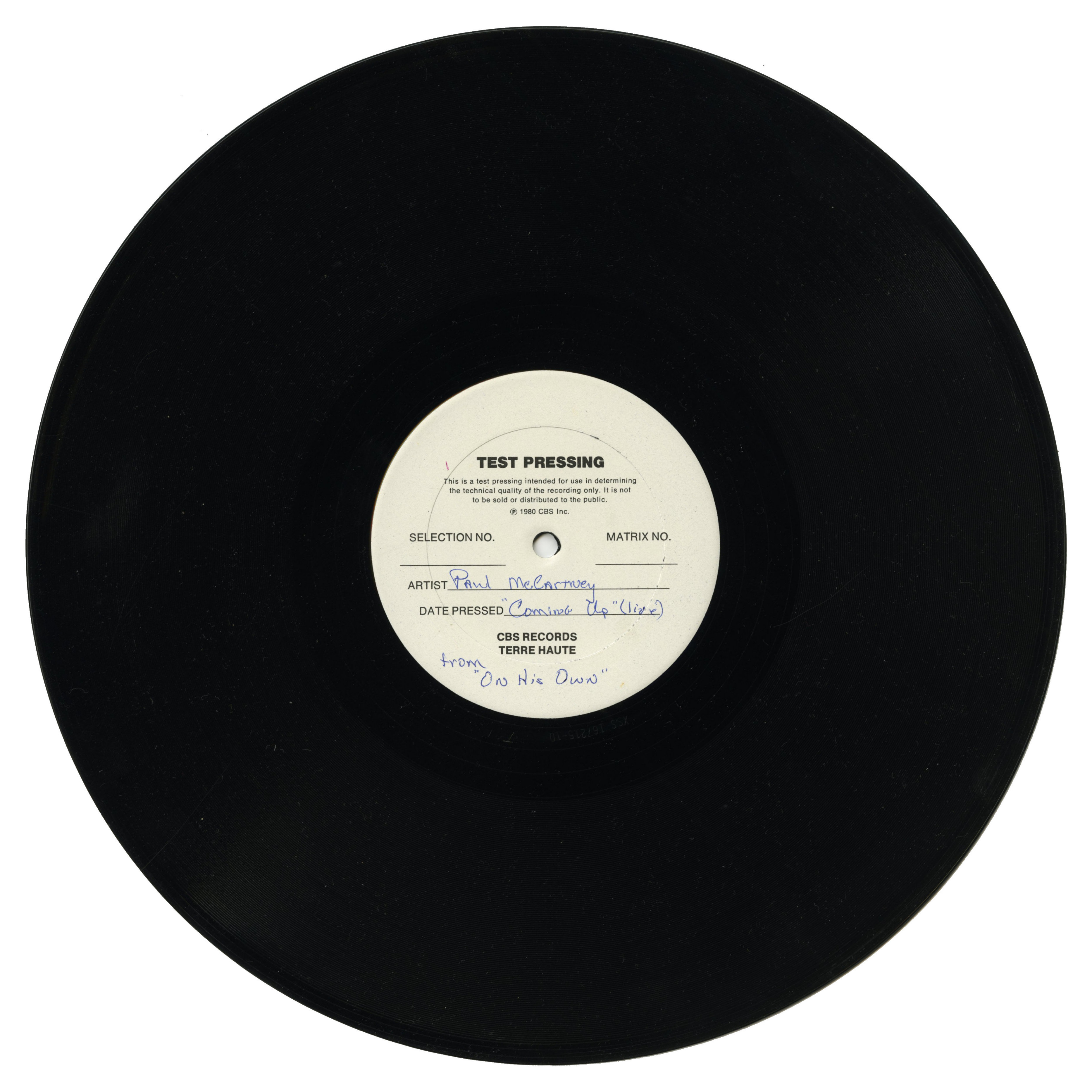 Paul McCartney Coming Up (Live) CBS 12 Inch Test Pressing (USA)