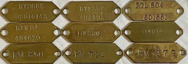 Selection (9) of London Transport RT-family and Routemaster, brass CHASSIS/FLEETNUMBER TAGS.