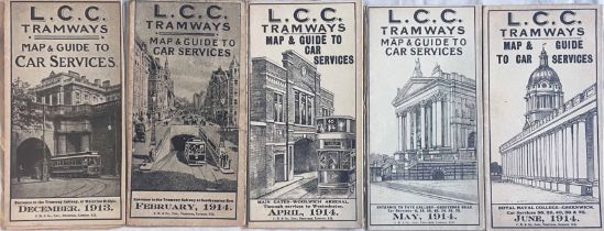 Selection (5) of 1913/14 London County Council (LCC) Tramways POCKET MAPS comprising the issues
