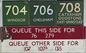 Selection (4) of London Transport bus stop items comprising 3 enamel E-PLATES for Green Line