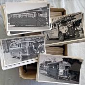 Box of 500+ b&w, postcard-size PHOTOGRAPHS of London Transport T-type coaches and buses. A wide