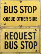 Pair of Bournemouth Corporation enamel BUS STOP FLAGS, the first with 'queue other side' wording and