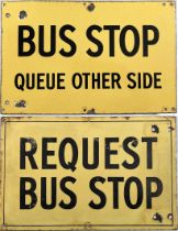 Pair of Bournemouth Corporation enamel BUS STOP FLAGS, the first with 'queue other side' wording and