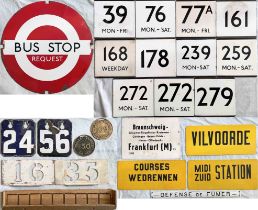 Box (24 items) of bus, tram etc hardware comprising a London Transport DOLLY STOP enamel plate (