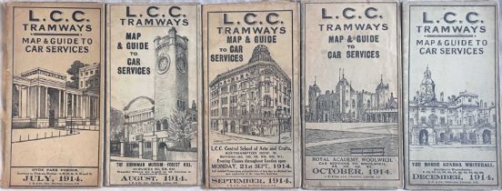 Selection (5) of 1914 London County Council (LCC) Tramways POCKET MAPS comprising the issues for