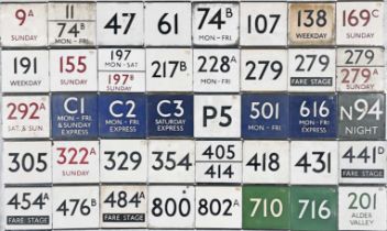 Large quantity (40) of London Transport bus stop enamel E-PLATES from across the network and with