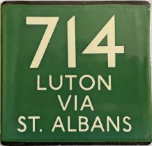 London Transport coach stop enamel E-PLATE for Green Line route 714 destinated Luton via St