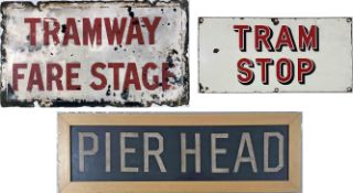 Trio of tramway items comprising two single-sided, enamel TRAM STOP signs: 'Tramway Fare Stage' (