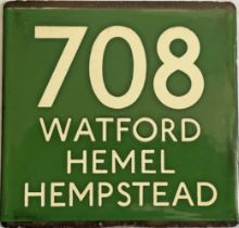 London Transport coach stop enamel E-PLATE for Green Line route 708 destinated Watford, Hemel