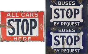 Pair of early 20th century enamel TRAM & BUS STOP FLAGS comprising a single-sided 'All Cars stop