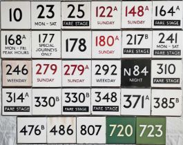 Large quantity (29) of London Transport bus stop enamel E-PLATES from across the network and with