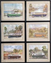 Quantity (6) of framed & glazed COLOUR PRINTS of 1920s Strachan & Brown-bodied buses & coaches,