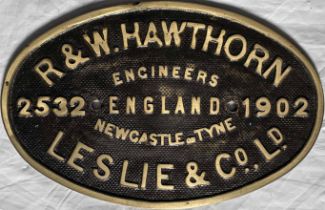 1902 Hawthorn Leslie brass LOCOMOTIVE WORKSPLATE works number 2532 which was fitted to 0-4-0ST No 17