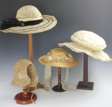 A late 19th century natural straw ladies summer hat, with cream fringe silk trim, with duck egg blue