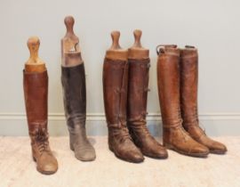 A pair of leather hunting boots, with wooden trees by Huntleys of Aldershot, along with a further